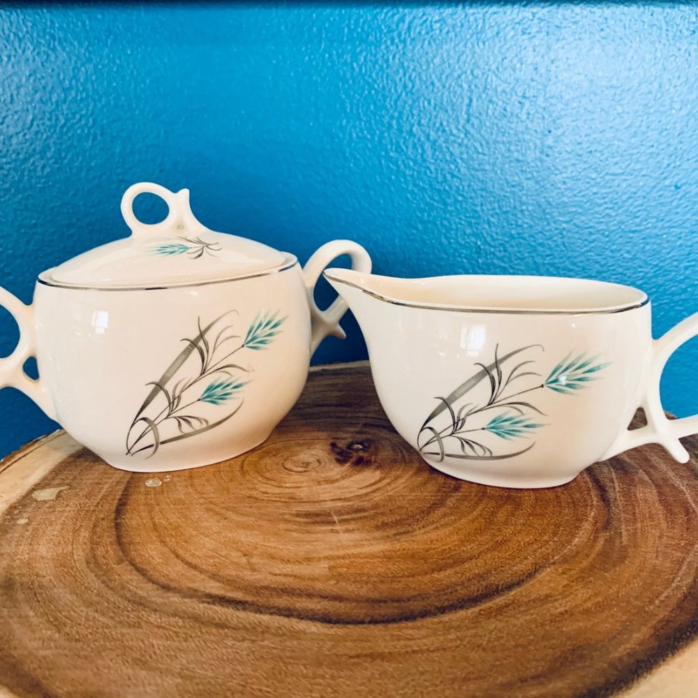 Vintage Canonsburg Teal/Grey Wheat Creamer & Sugar - Picture 3 of 10